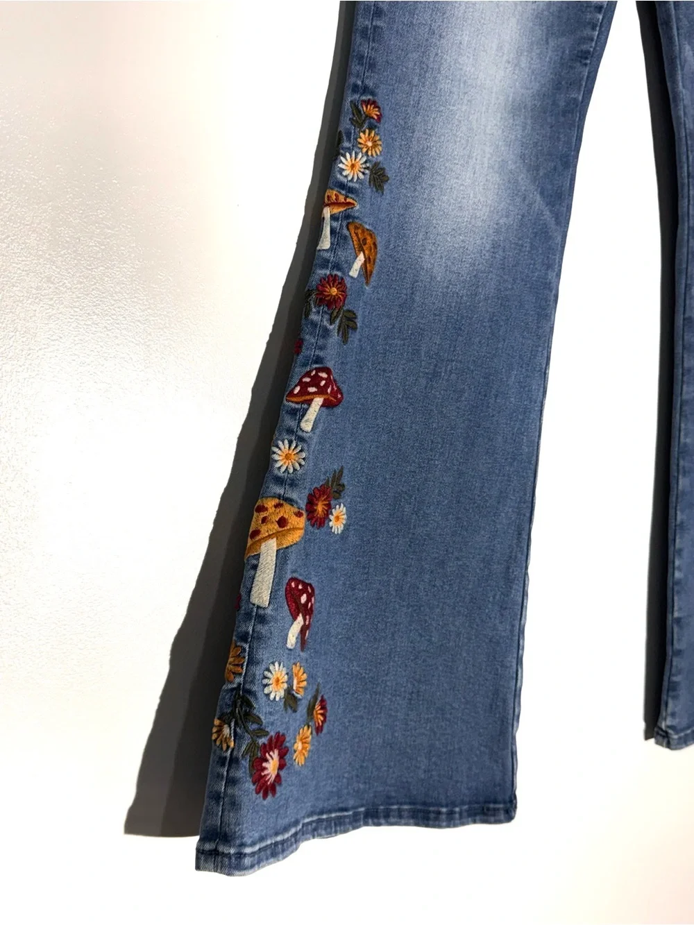 NEW Free People x Driftwood Farrah Embroidered Flare Jeans Mushroom 32